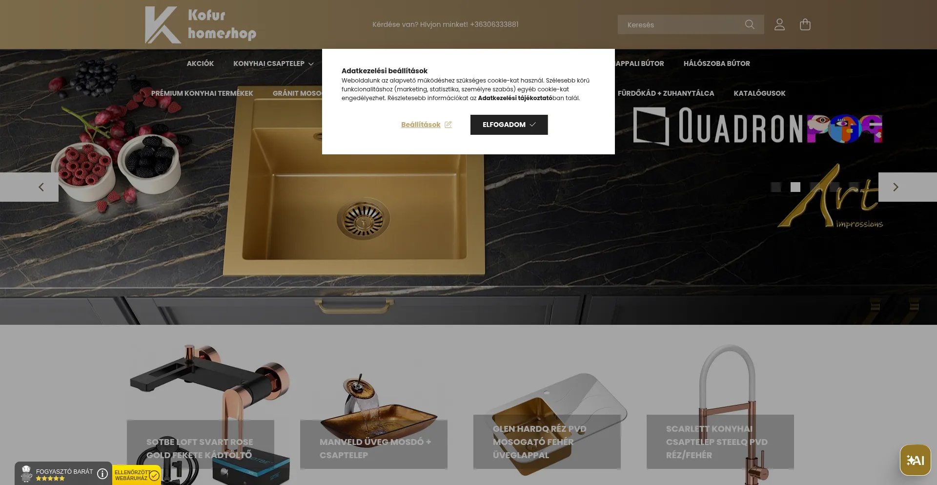 Website screenshot of Kofurhomeshop.hu