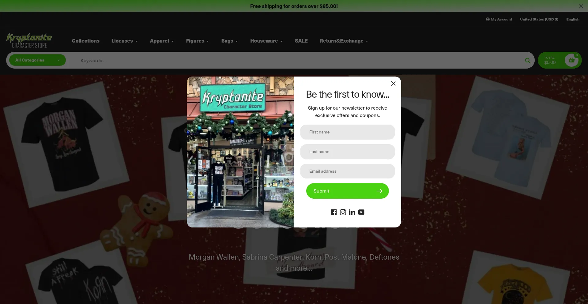 Website screenshot of Kryptonitecharacterstore.com