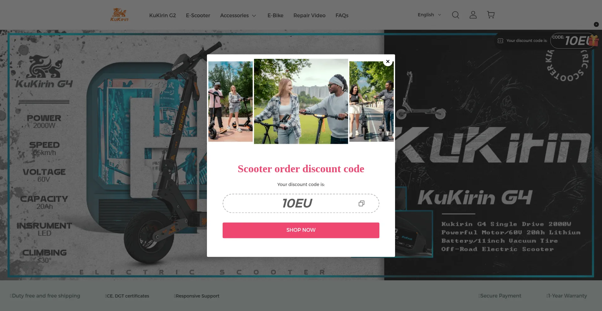 Website screenshot of Kukirin-escooters.com