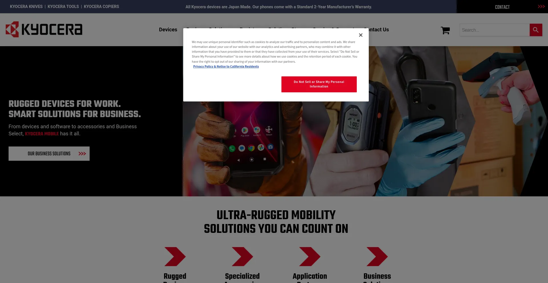 Website screenshot of Kyoceramobile.com