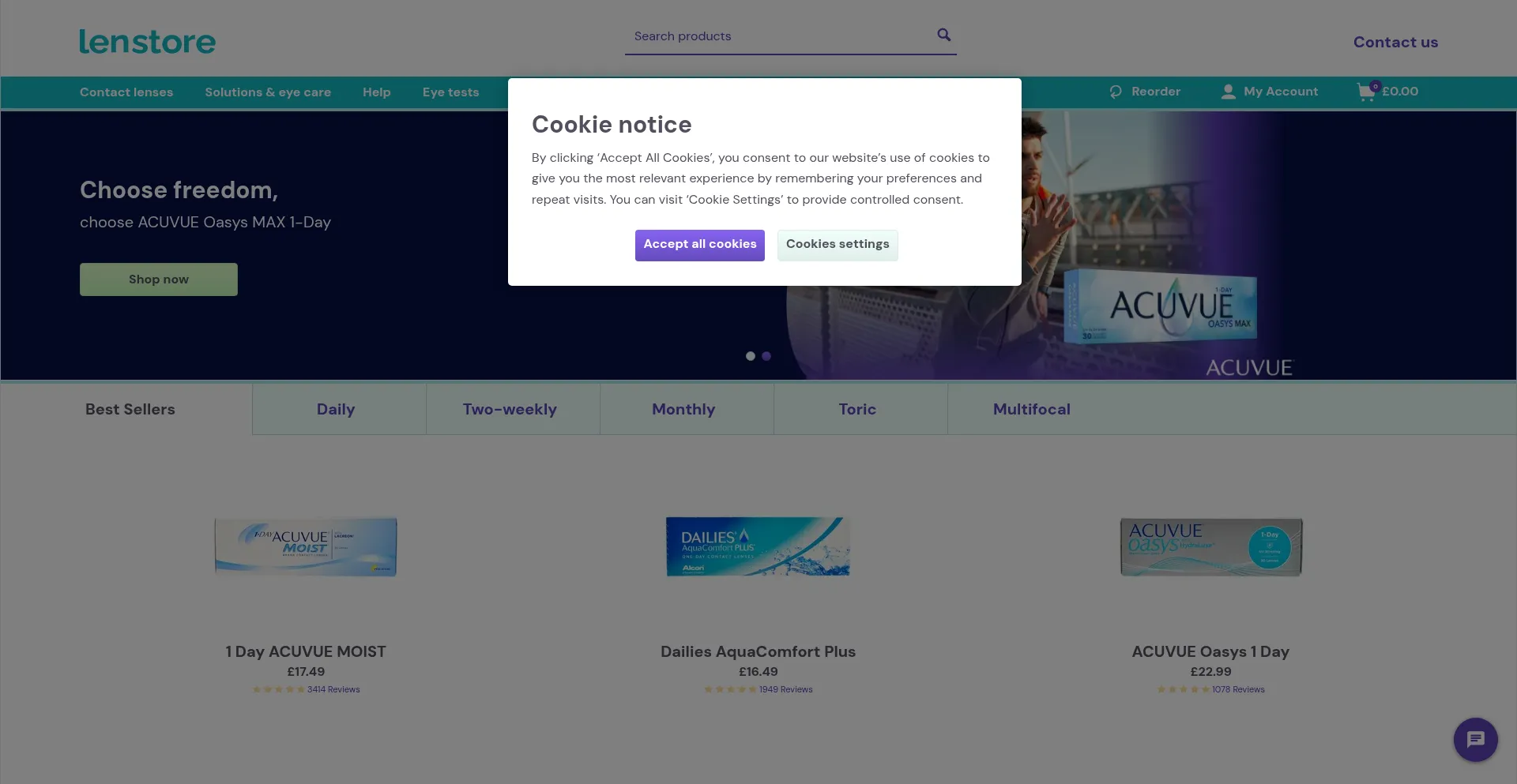 Website screenshot of Lenstore.co.uk