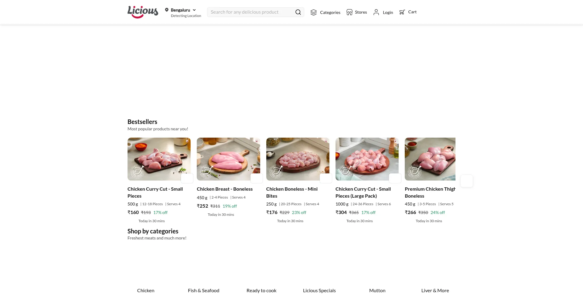 Website screenshot of Licious.in