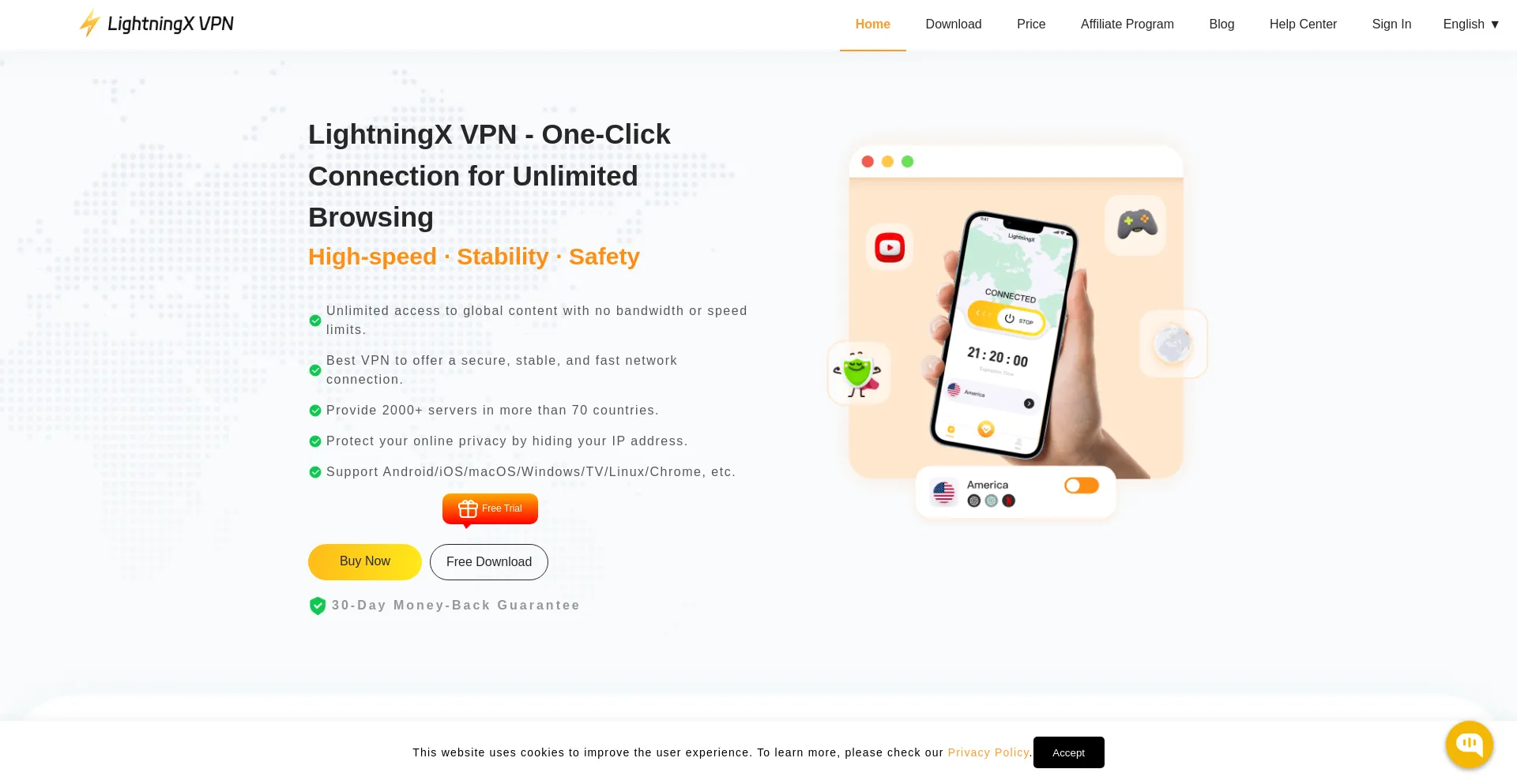 Website screenshot of Lightningxvpn.com