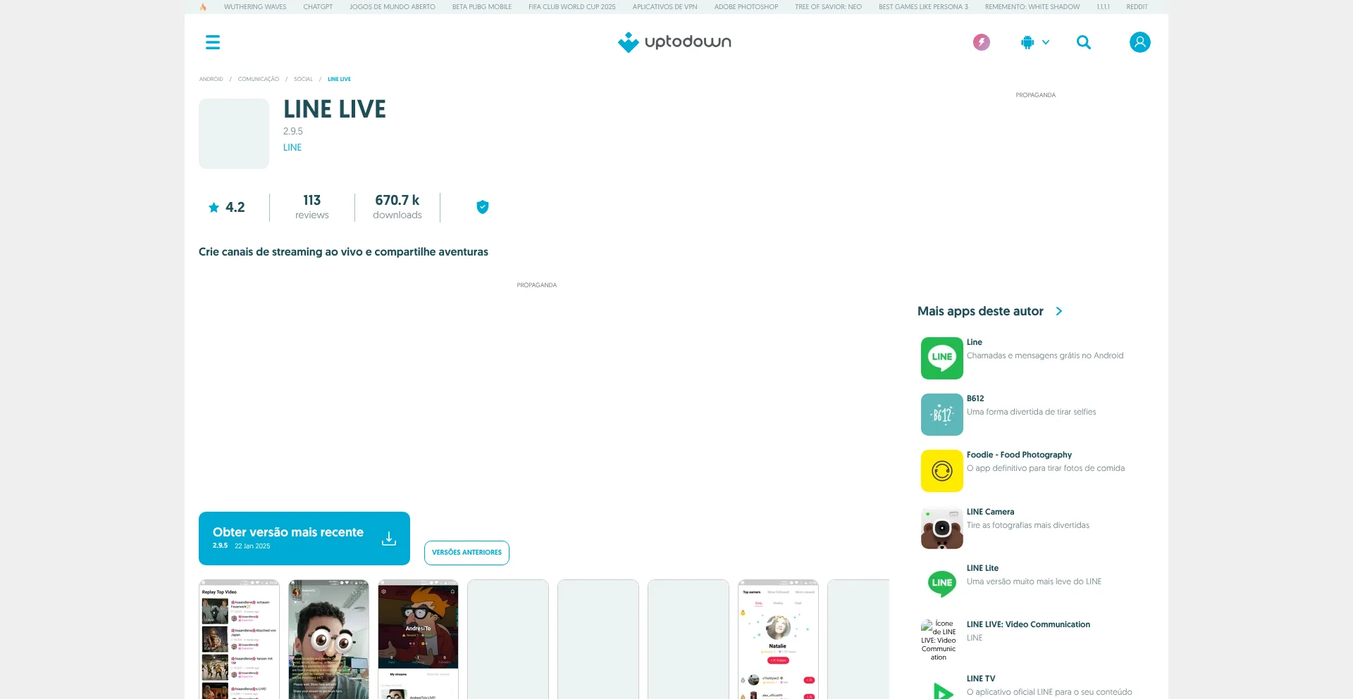 Website screenshot of Line-corporation-line-live.br.uptodown.com