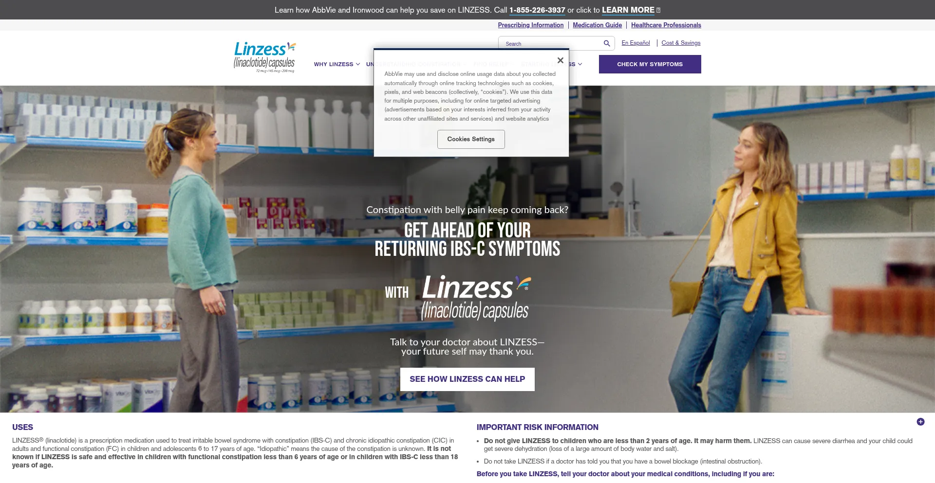 Website screenshot of Linzess.com