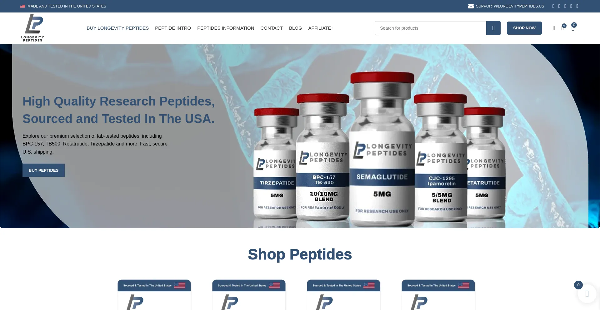 Website screenshot of Longevitypeptides.us