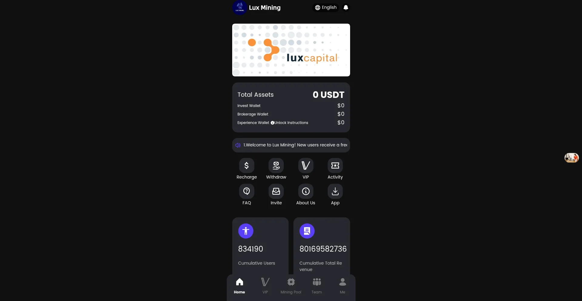 Website screenshot of Luxcmining.vip