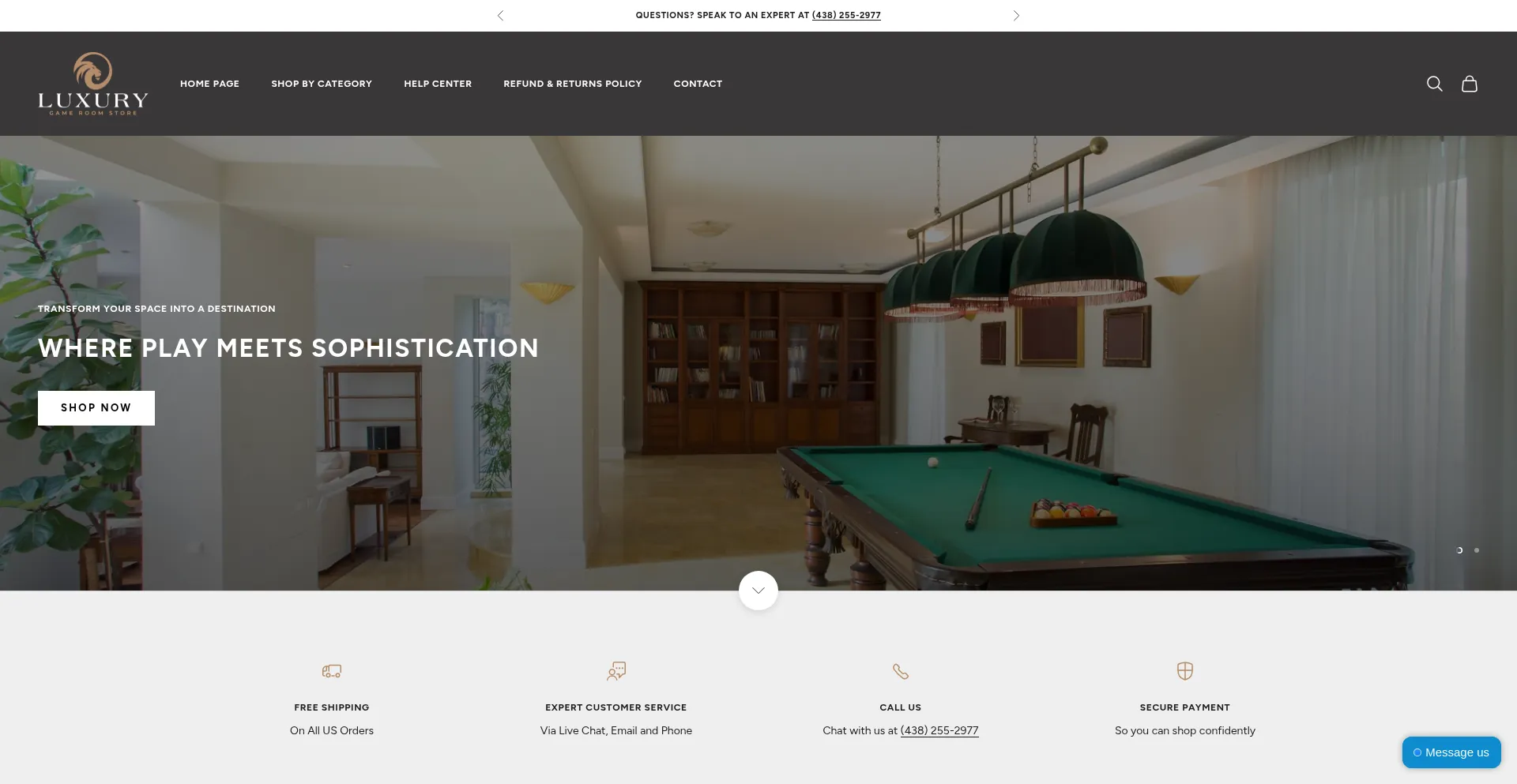 Website screenshot of Luxurygameroomstore.com