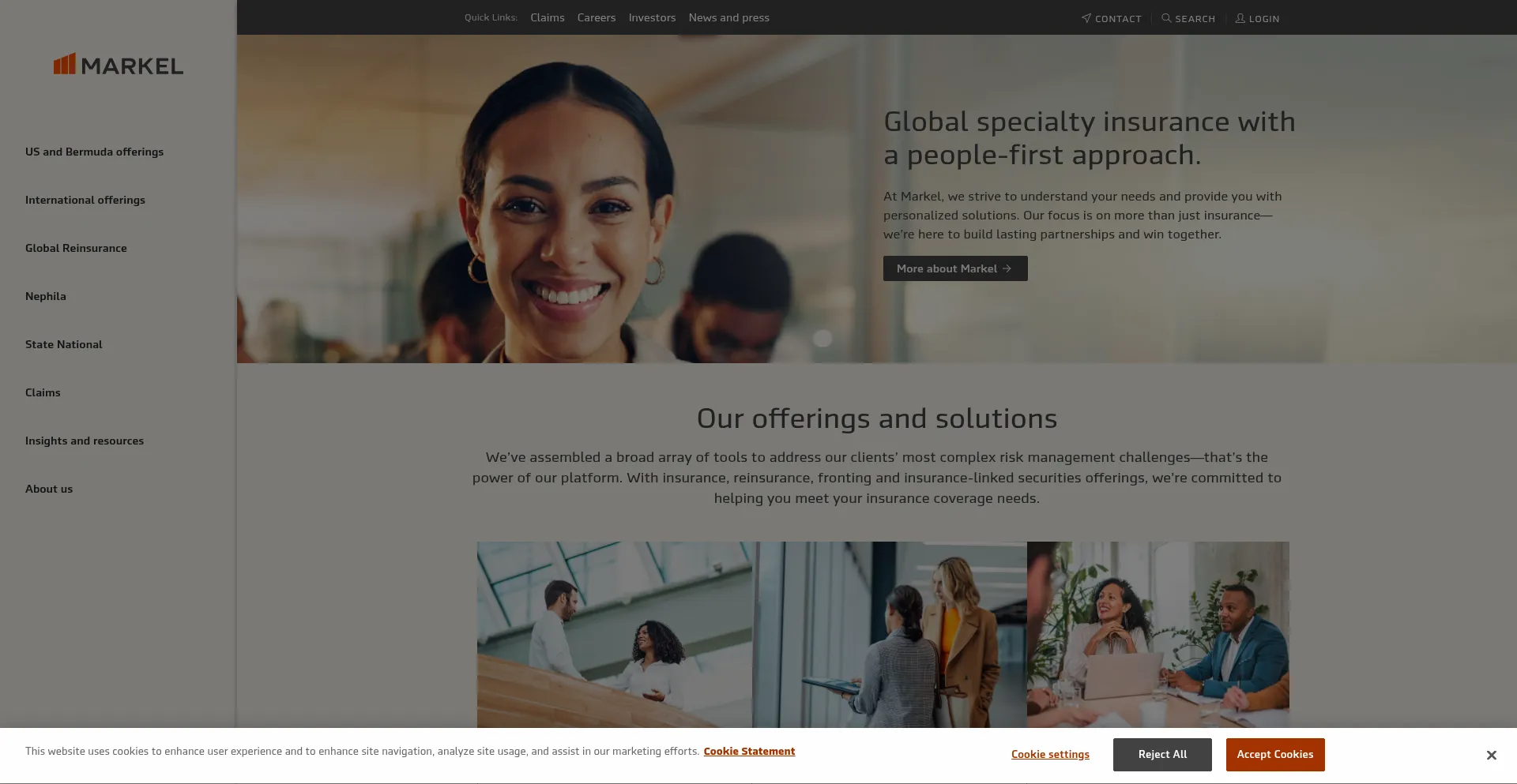 Website screenshot of Markel.com