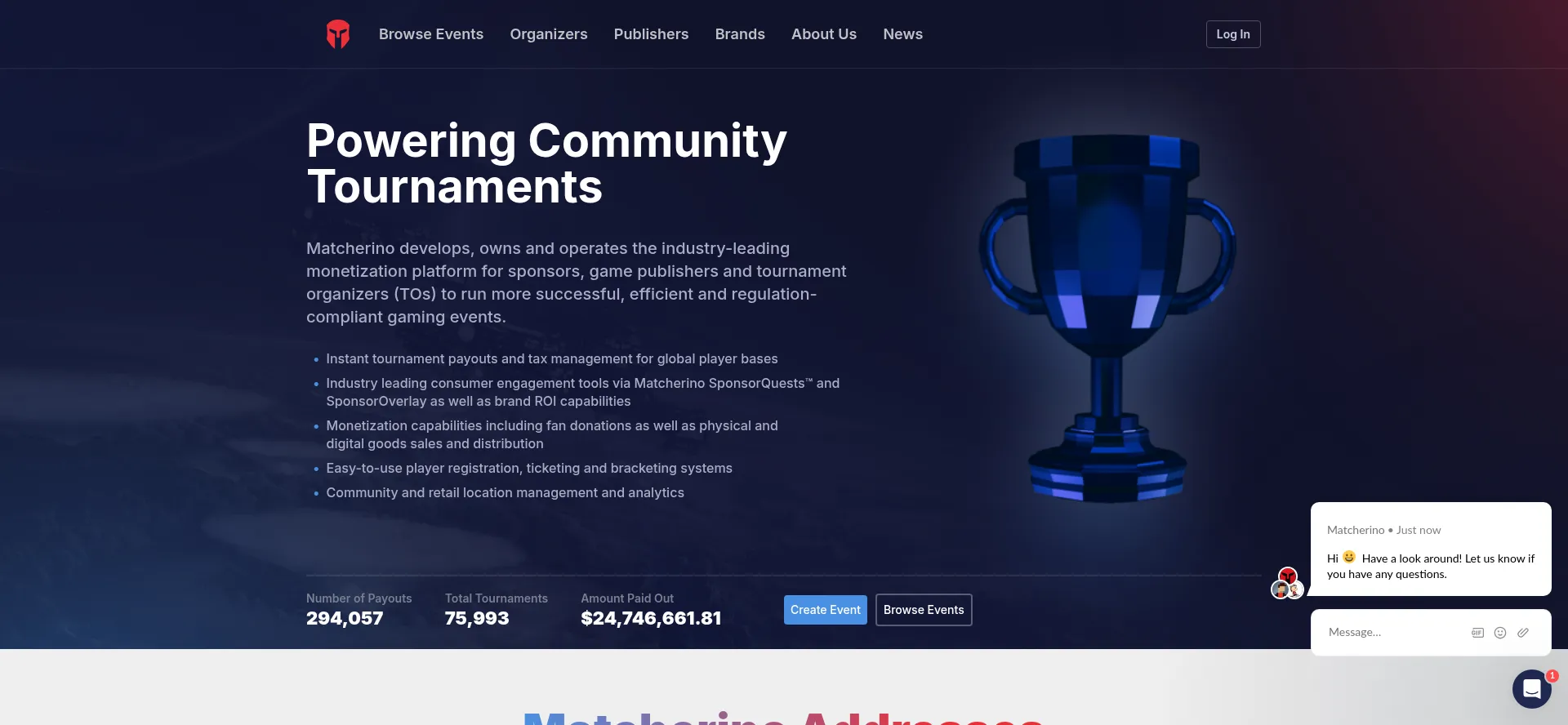 Website screenshot of Matcherino.com