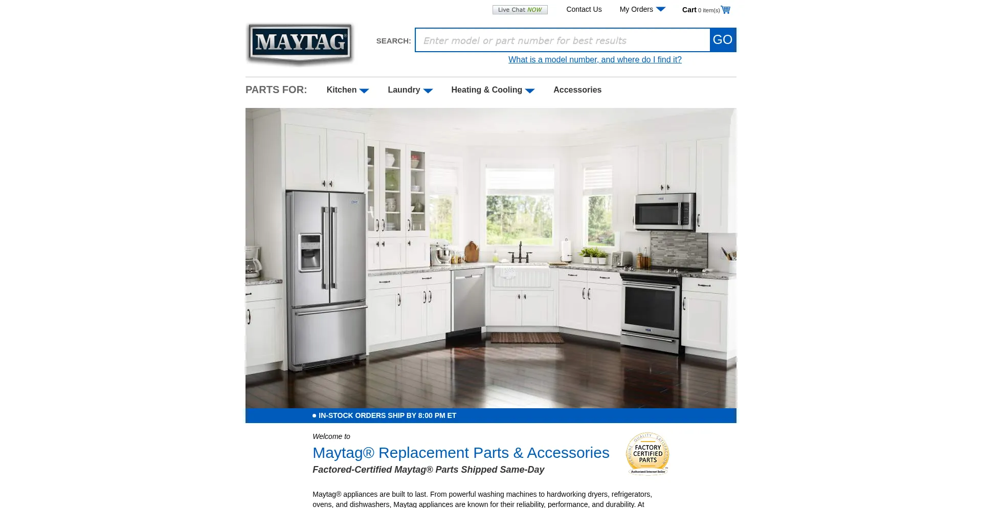 Website screenshot of Maytagreplacementparts.com