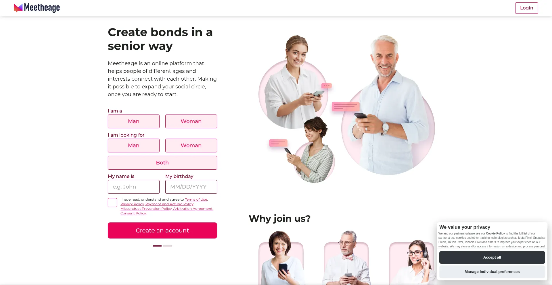 Website screenshot of Meetheage.com