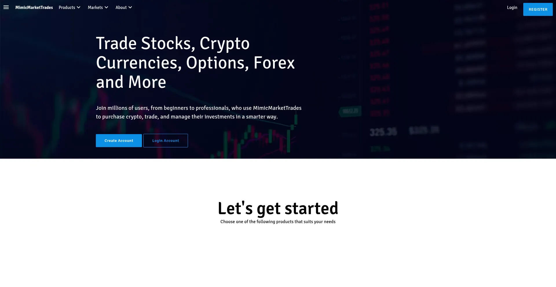 Website screenshot of Mimicmarkettrades.com