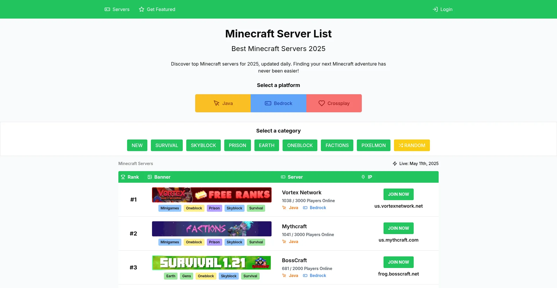 Website screenshot of Minecraftservers.us