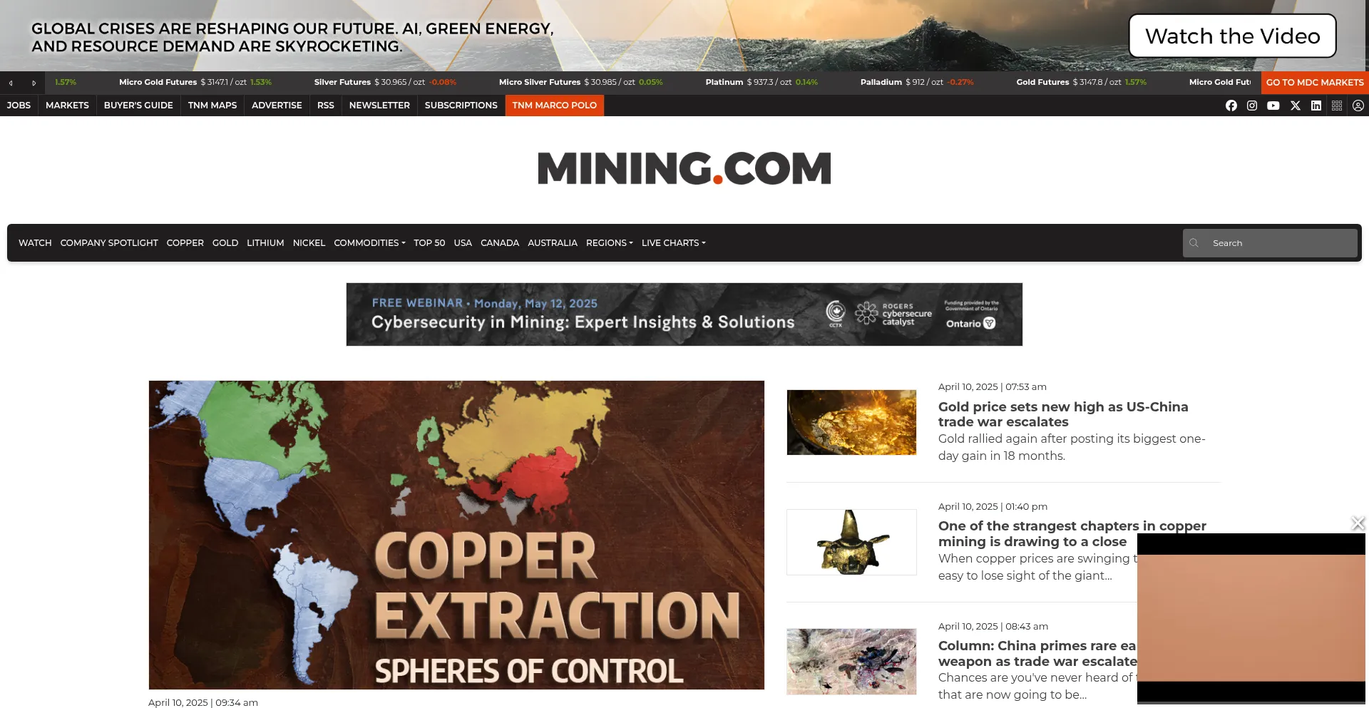 Website screenshot of Mining.com