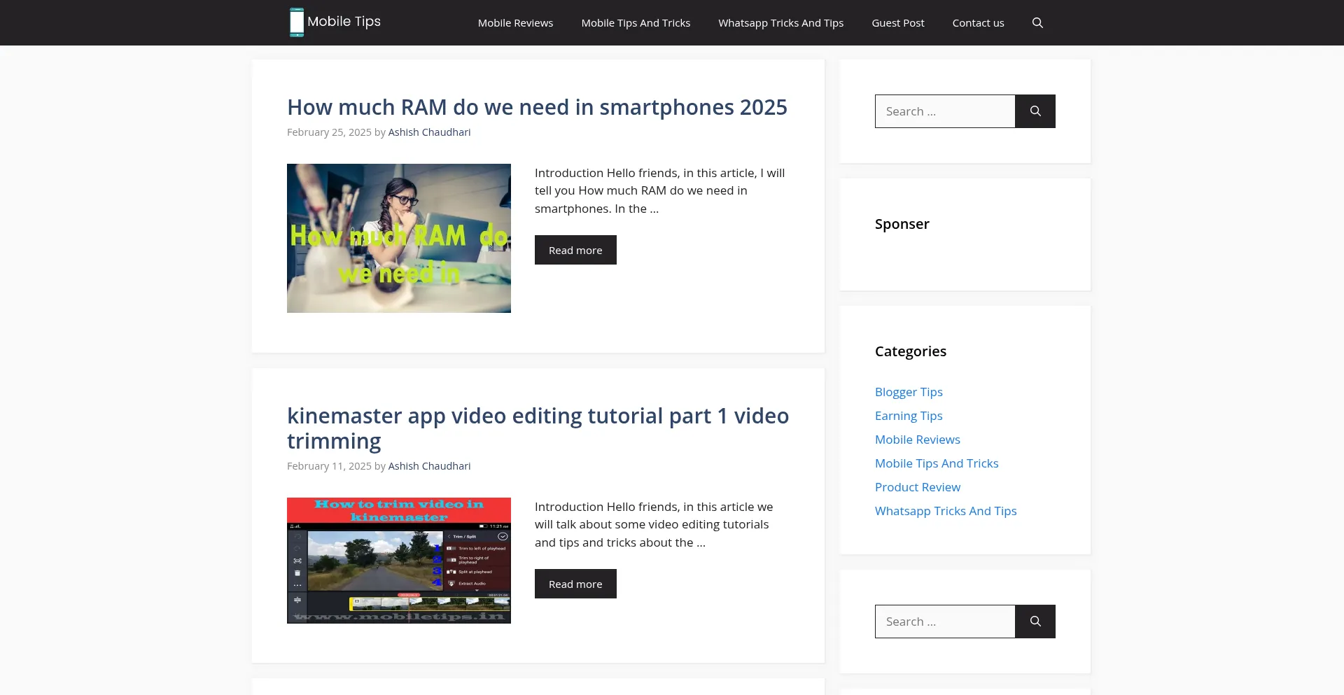 Website screenshot of Mobiletips.in