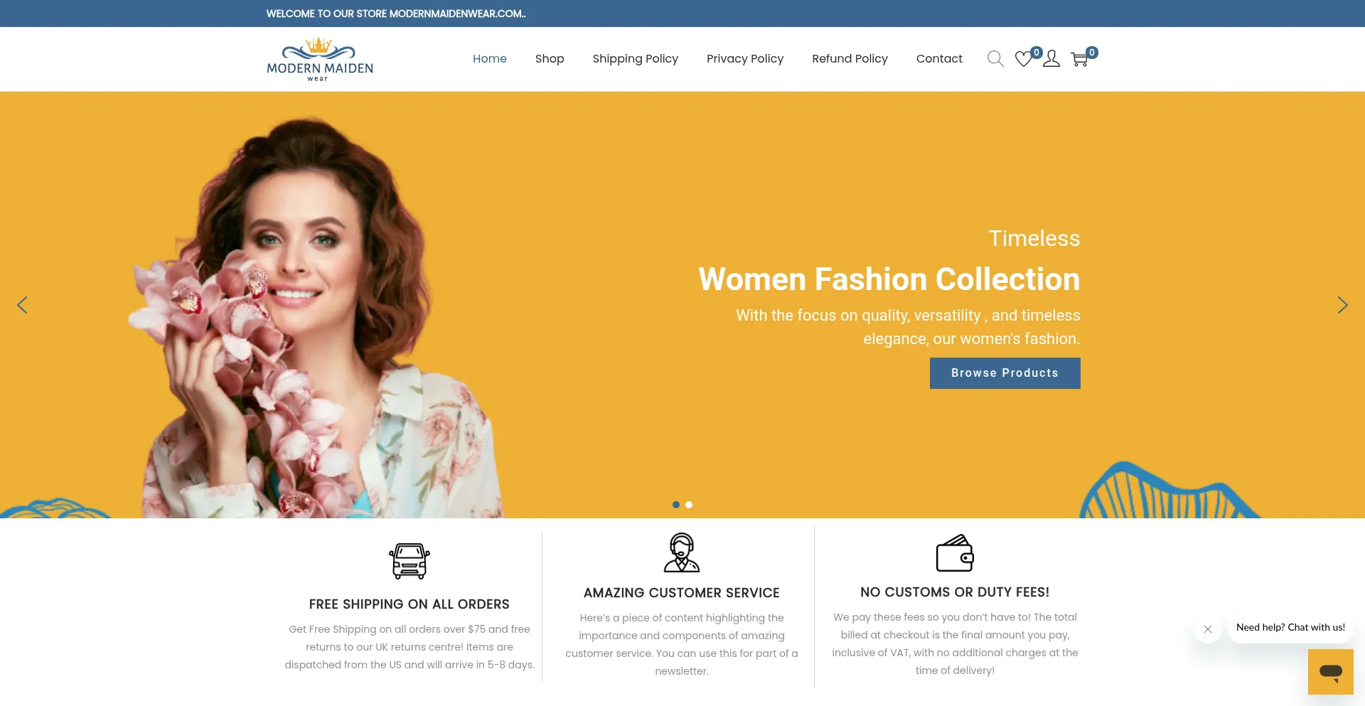 Website screenshot of Modernmaidenwear.com