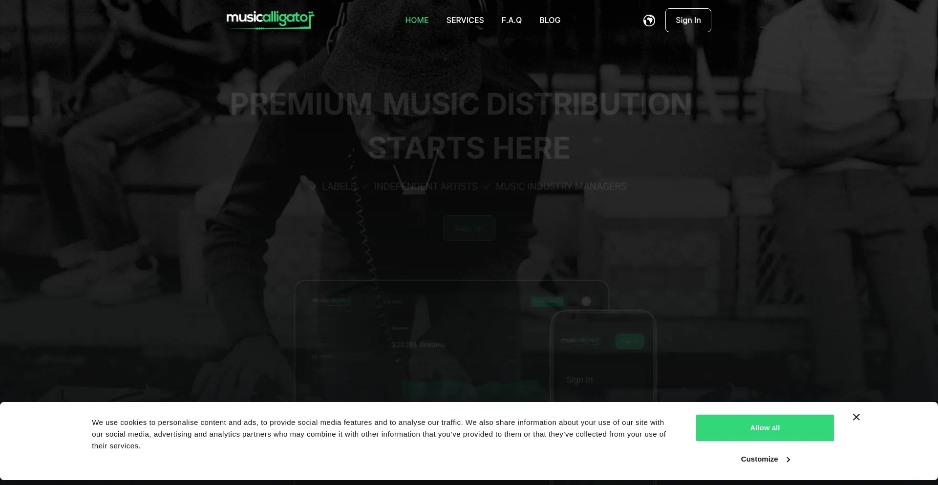Website screenshot of Musicalligator.com