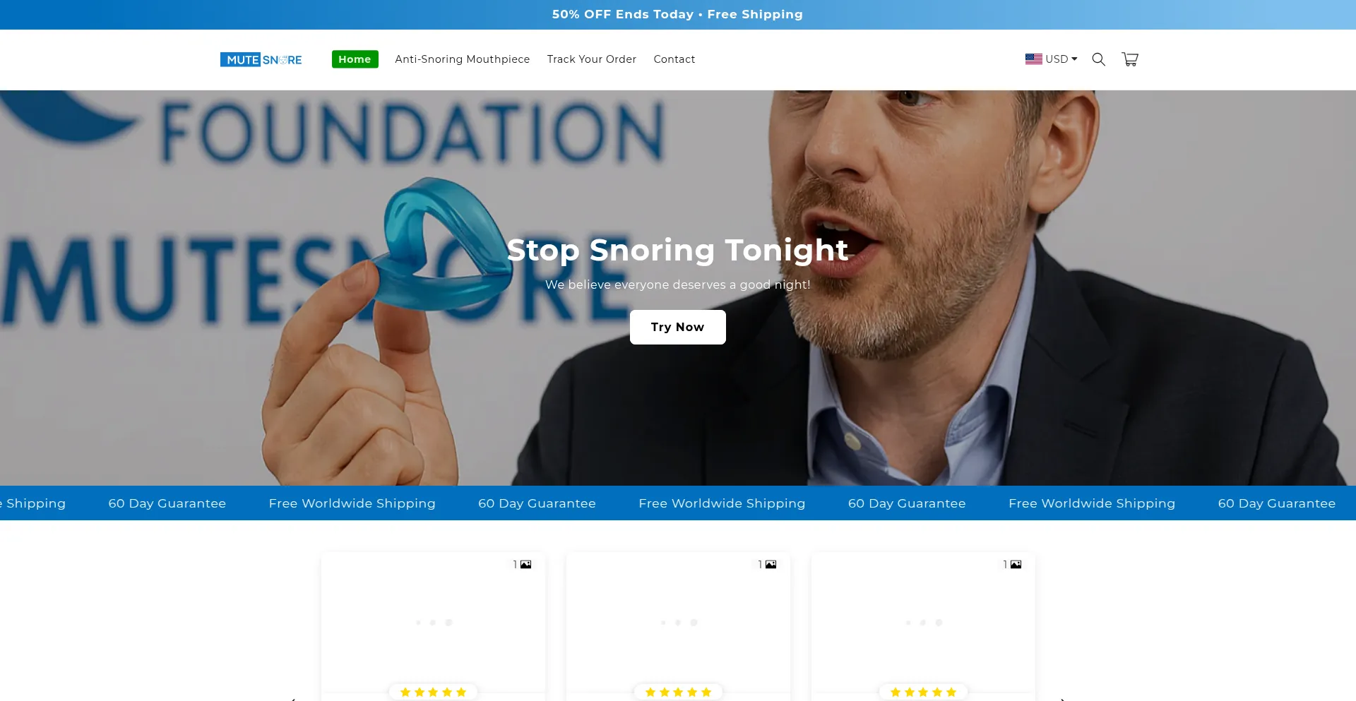 Website screenshot of Mutesnore.com