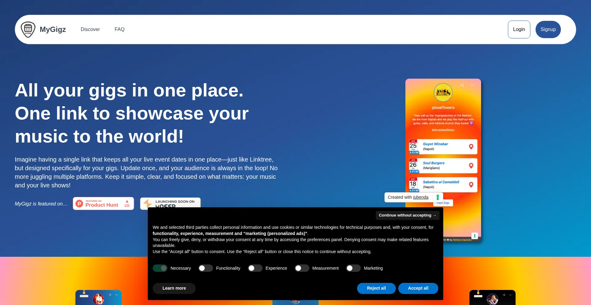 Website screenshot of Mygigz.live