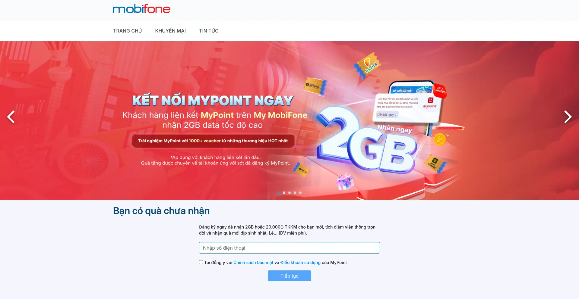 Website screenshot of Mypoint.mobifone.vn