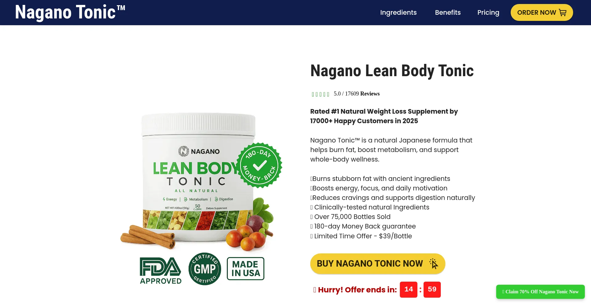 Website screenshot of Naganosleansbodytonic.com