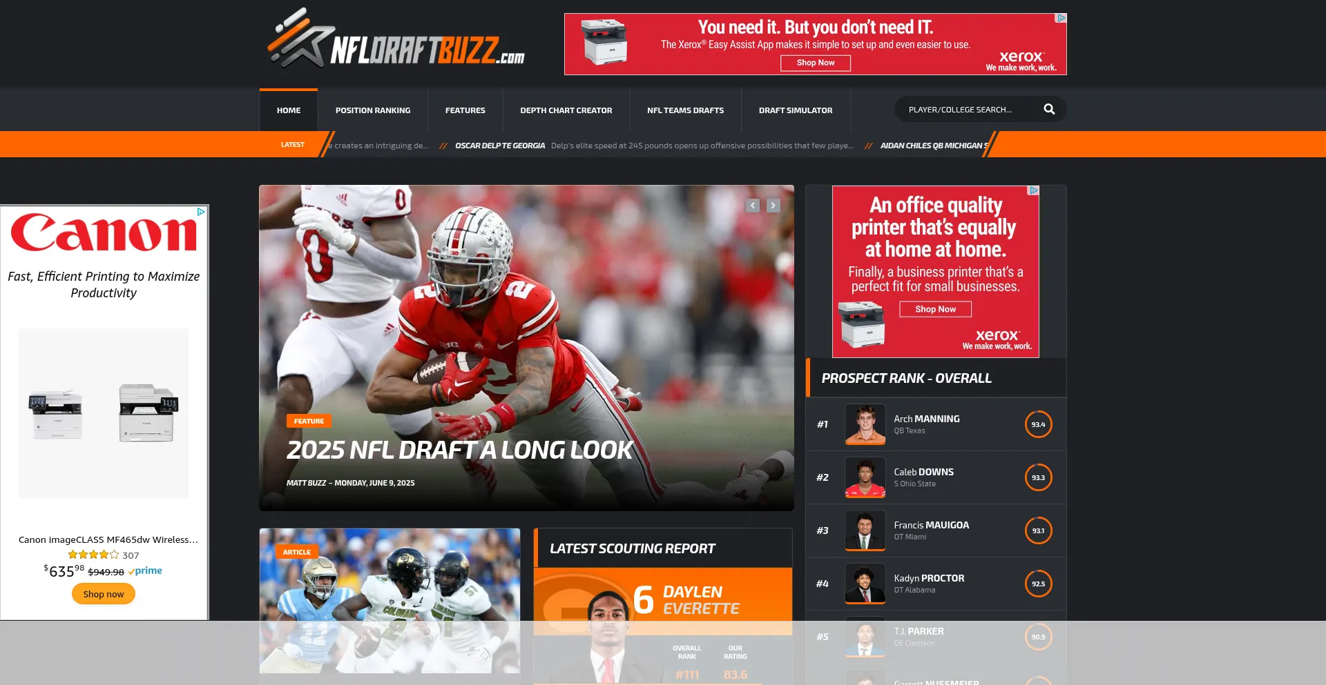 Website screenshot of Nfldraftbuzz.com