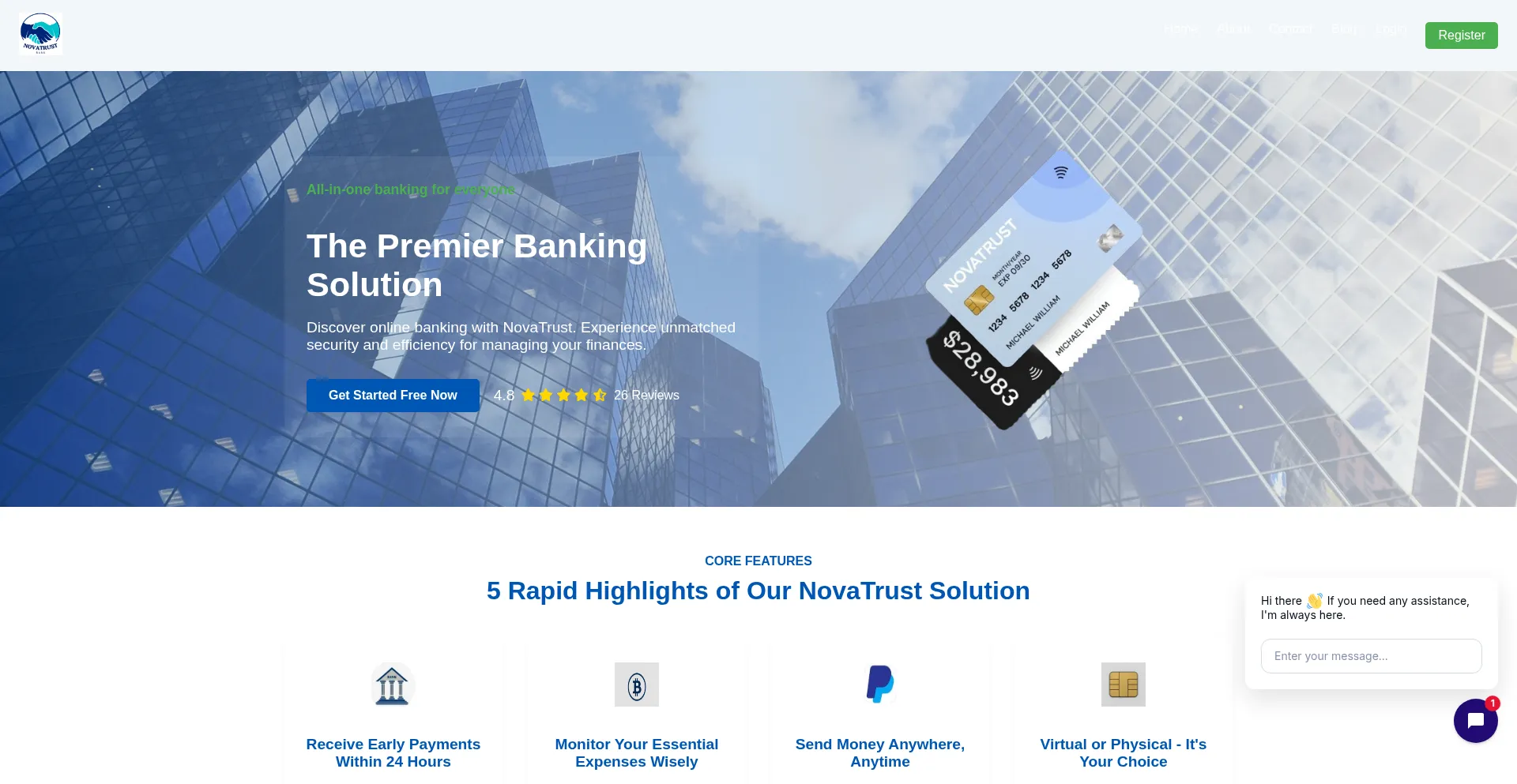 Website screenshot of Novartrust.com