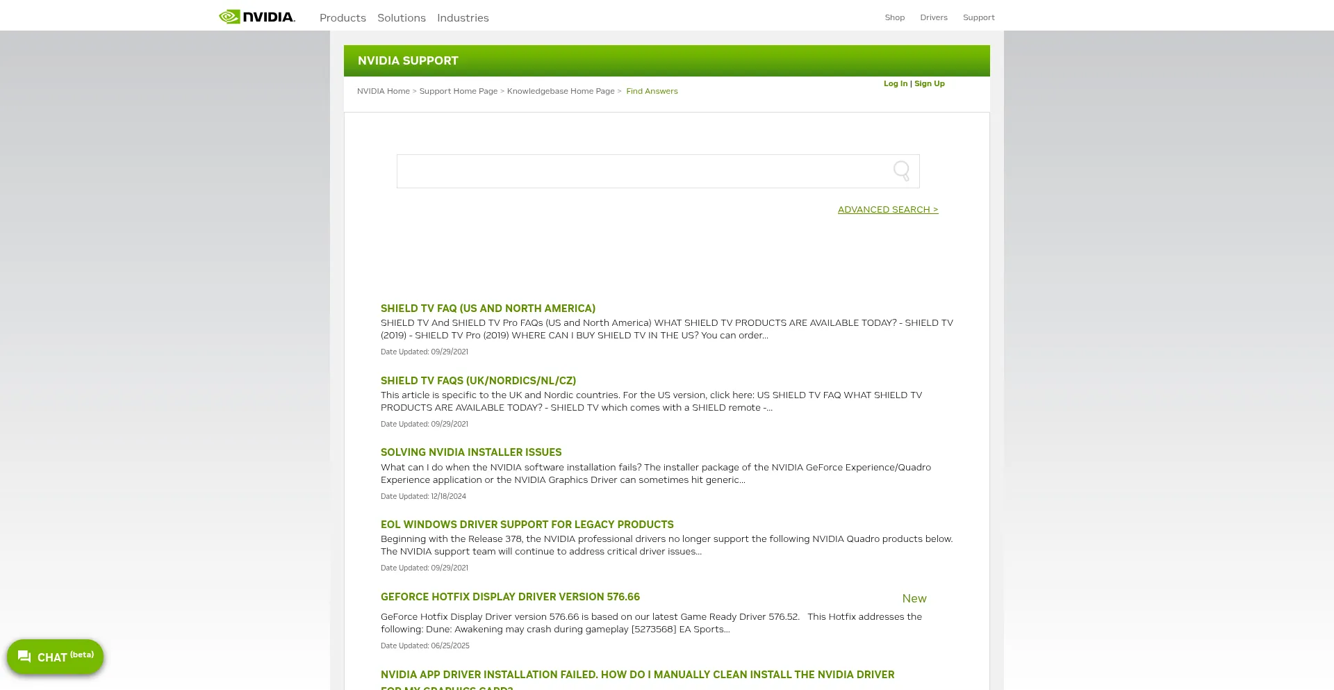 Website screenshot of Nvidia.custhelp.com