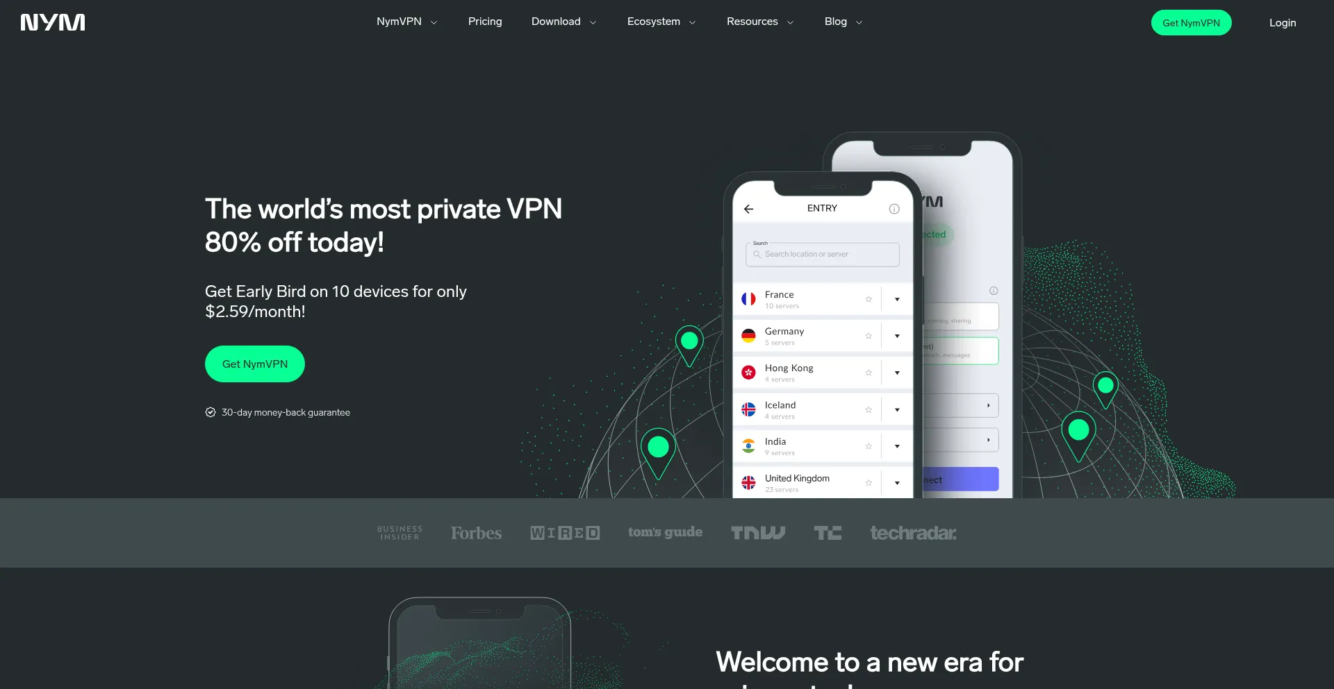 Website screenshot of Nym.com