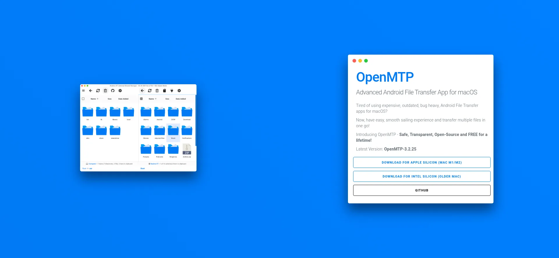 Website screenshot of Openmtp.ganeshrvel.com