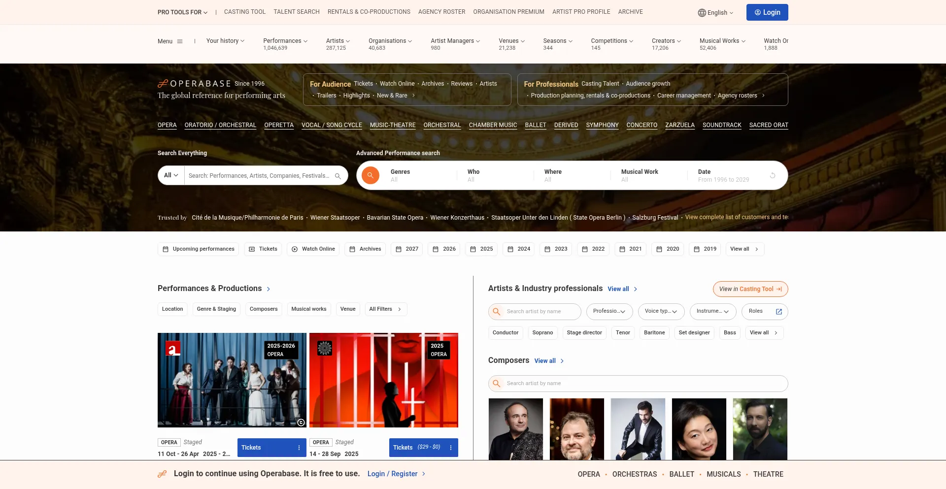 Website screenshot of Operabase.com