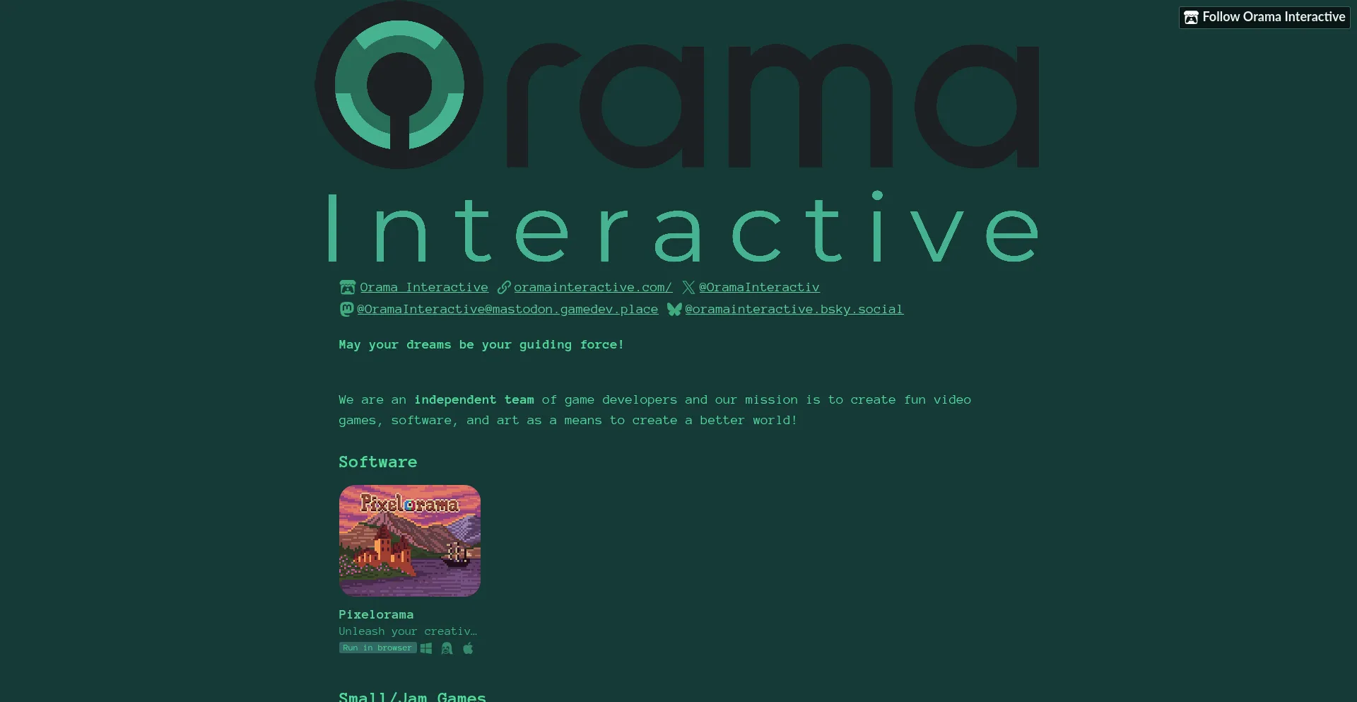 Website screenshot of Orama-interactive.itch.io