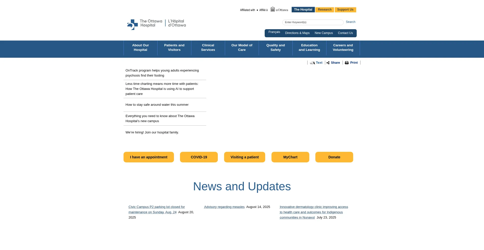 Website screenshot of Ottawahospital.on.ca