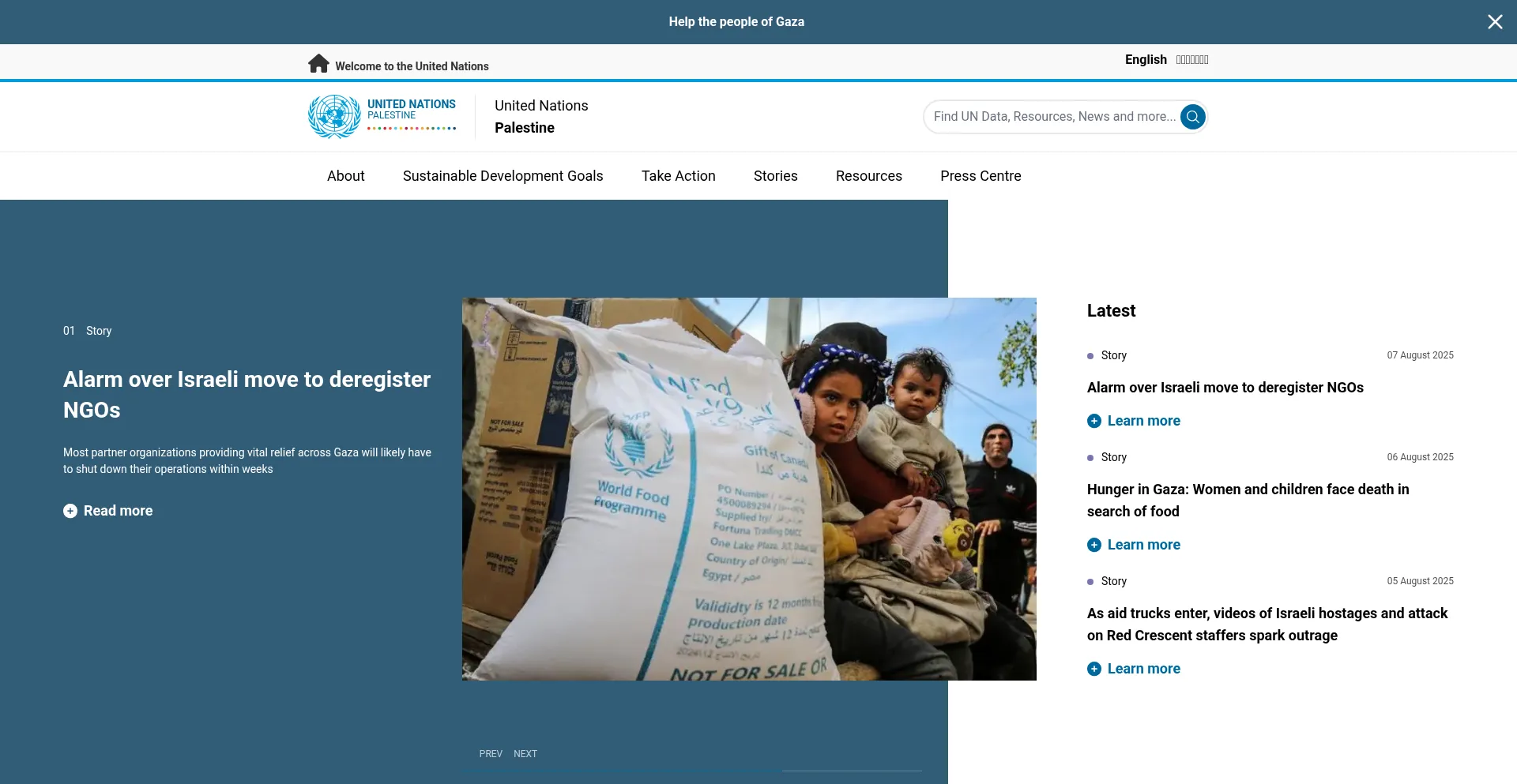 Website screenshot of Palestine.un.org