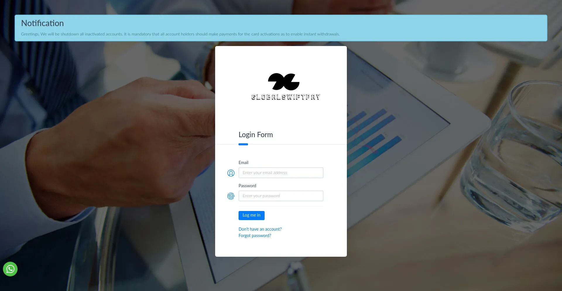 Website screenshot of Panel.globalswiftpay.com