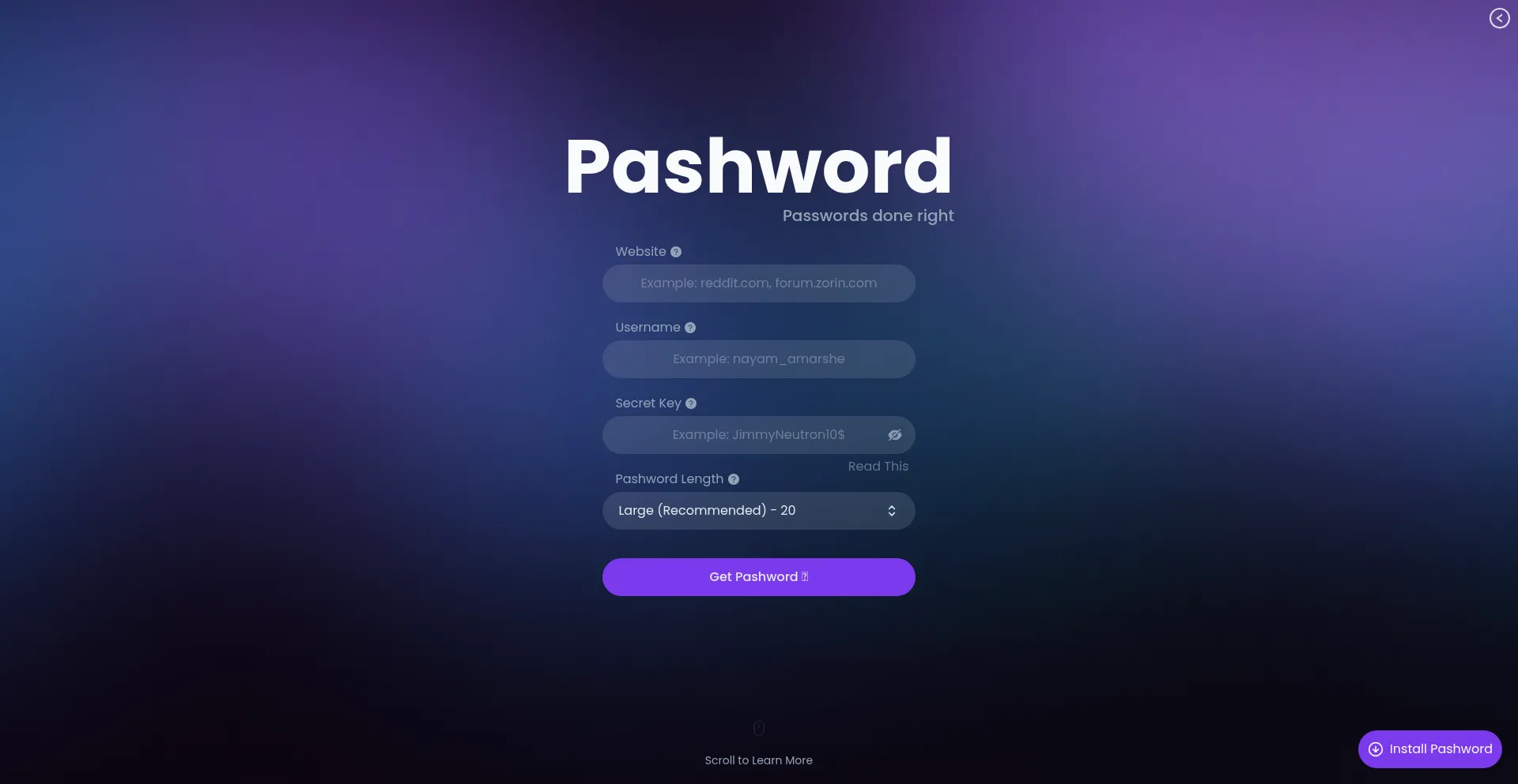 Website screenshot of Pashword.app