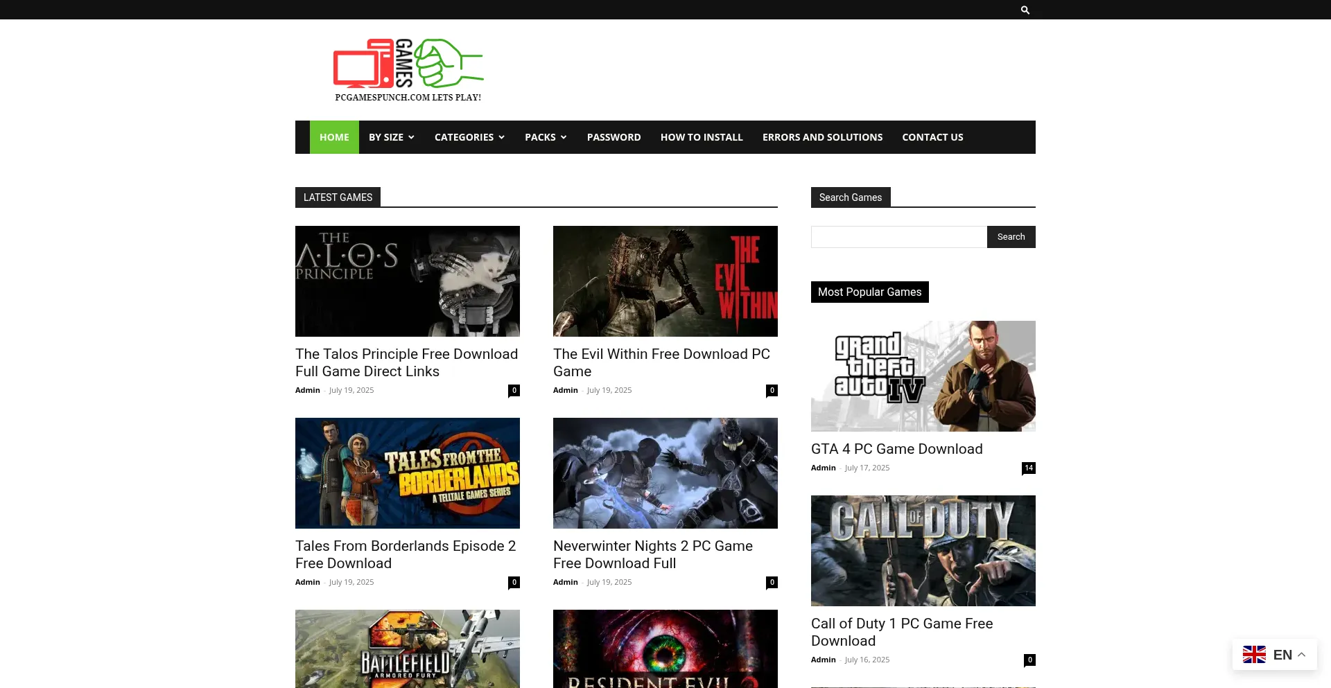 Website screenshot of Pcgamespunch.com