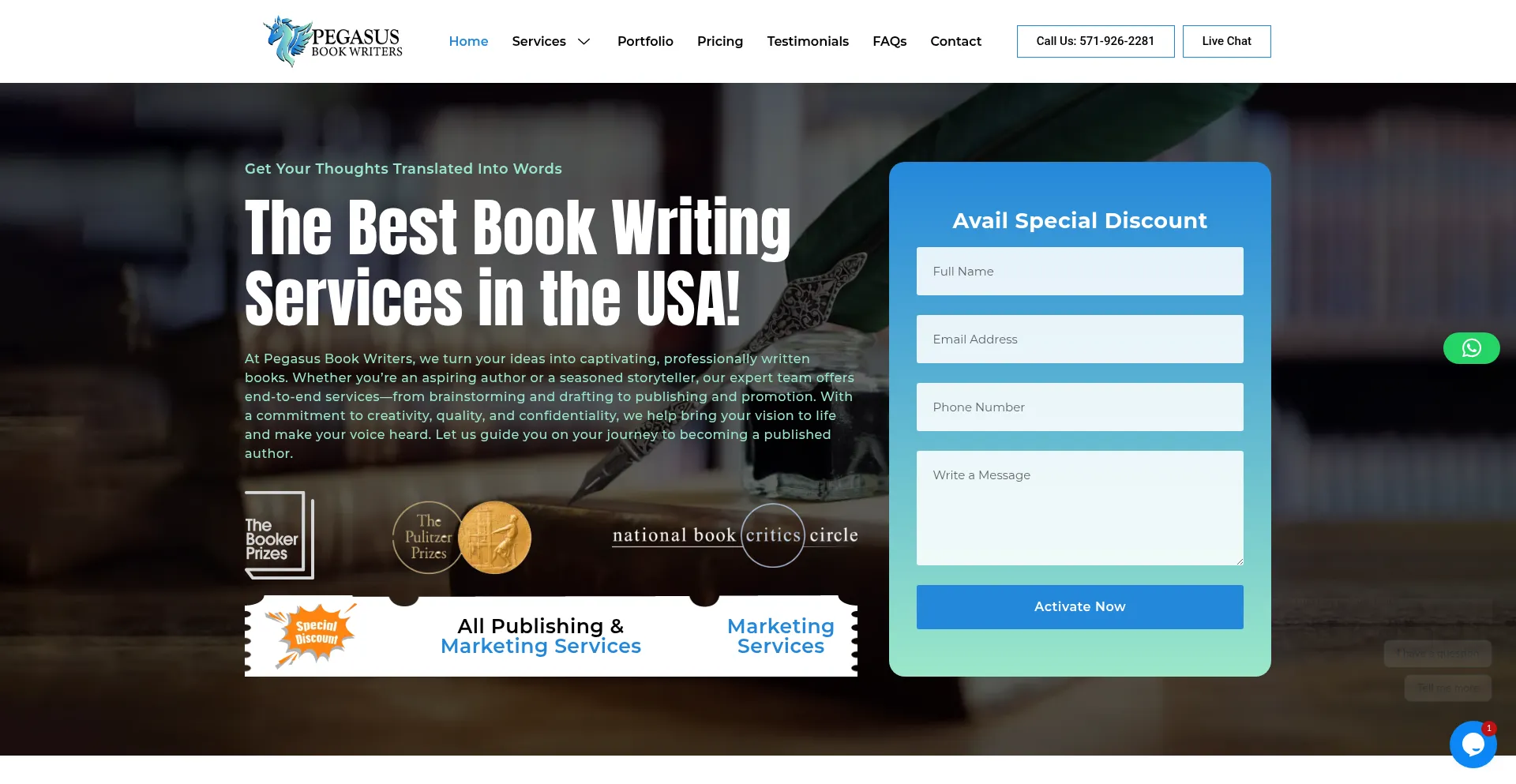 Website screenshot of Pegasusbookwriters.com