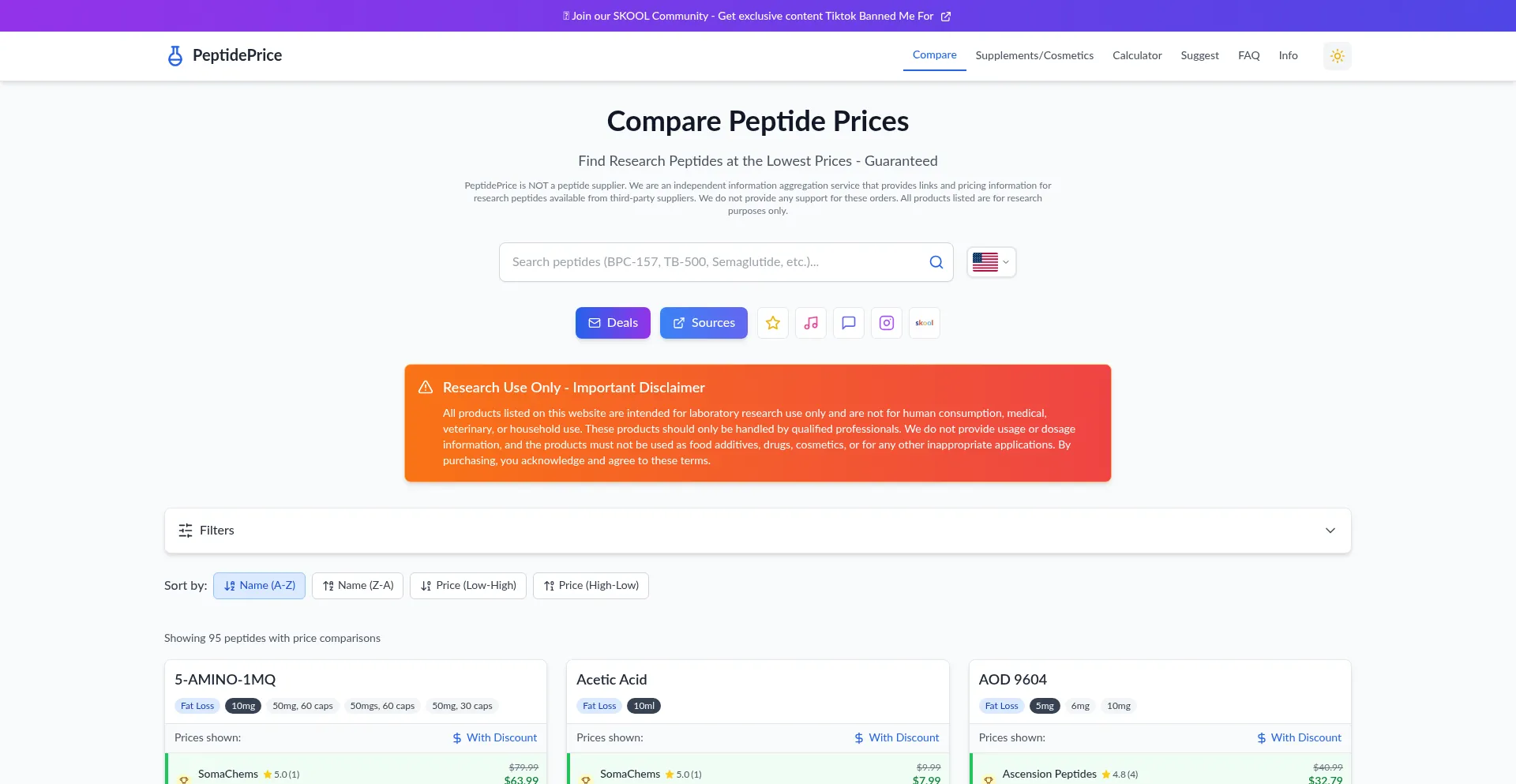 Website screenshot of Peptideprice.store