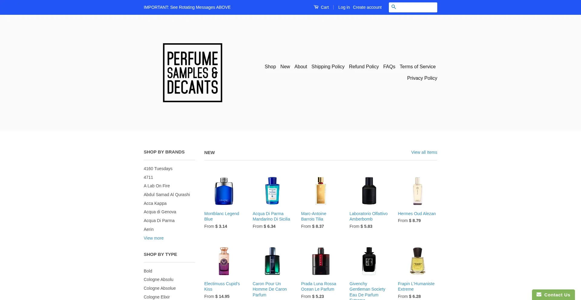 Website screenshot of Perfumesamplesanddecants.com