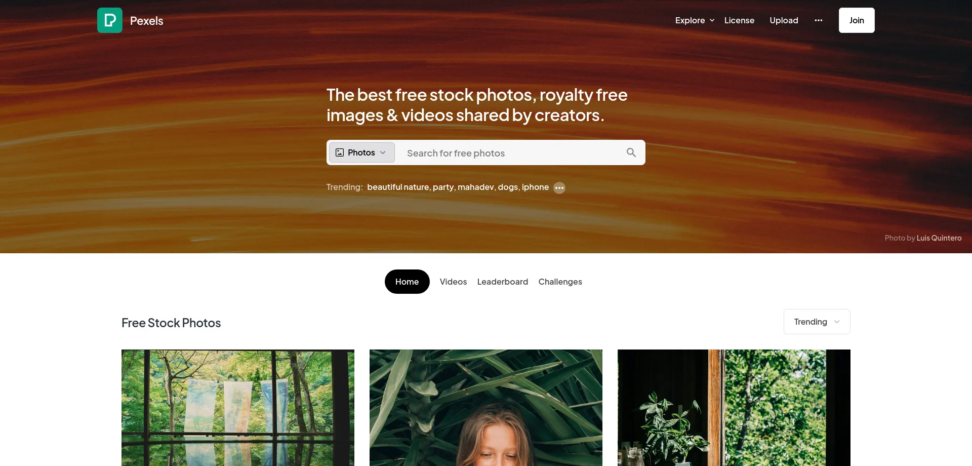 Website screenshot of Pexels.com