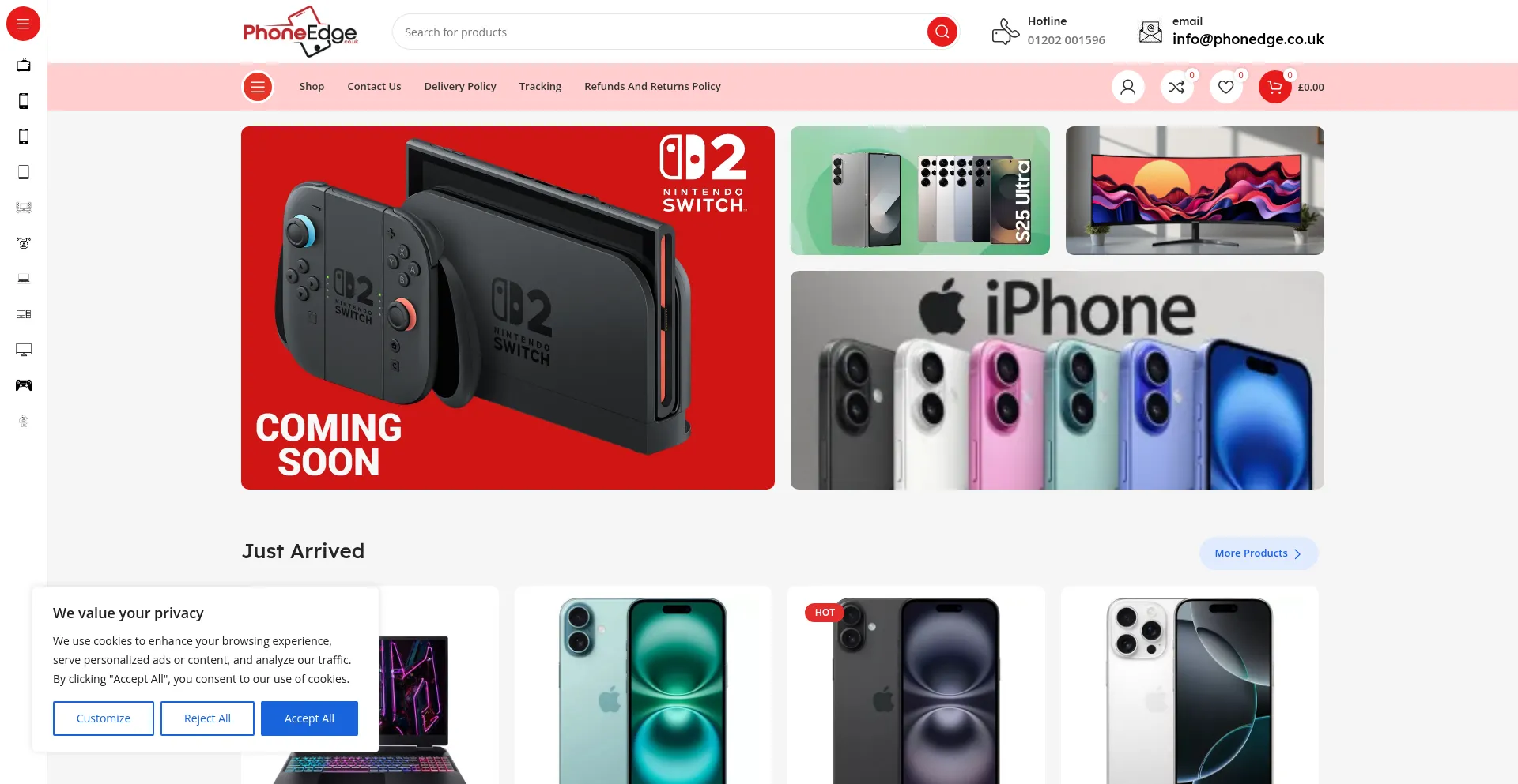Website screenshot of Phonedge.co.uk