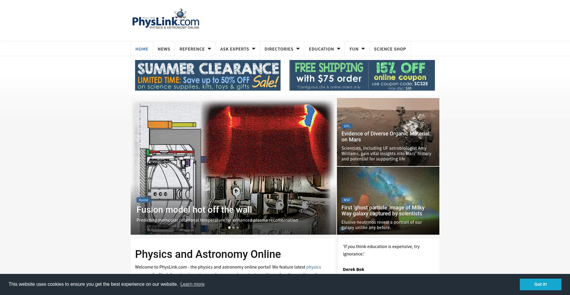 Website screenshot of Physlink.com