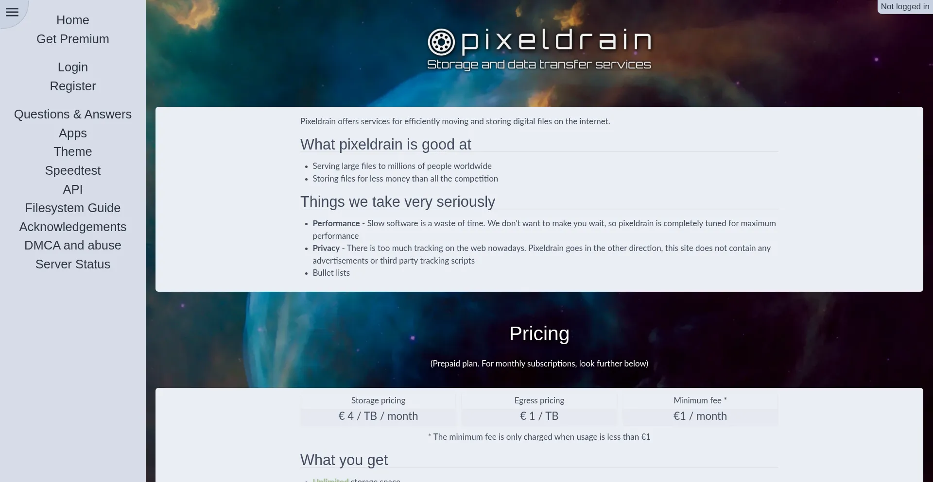 Website screenshot of Pixeldrain.biz