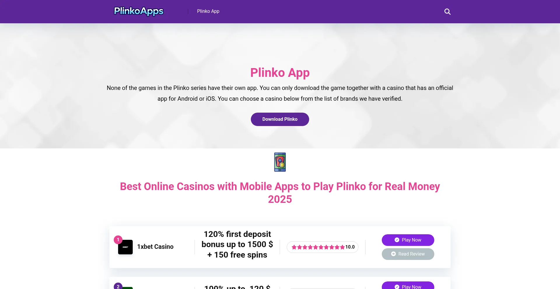 Website screenshot of Plinkoapps.net
