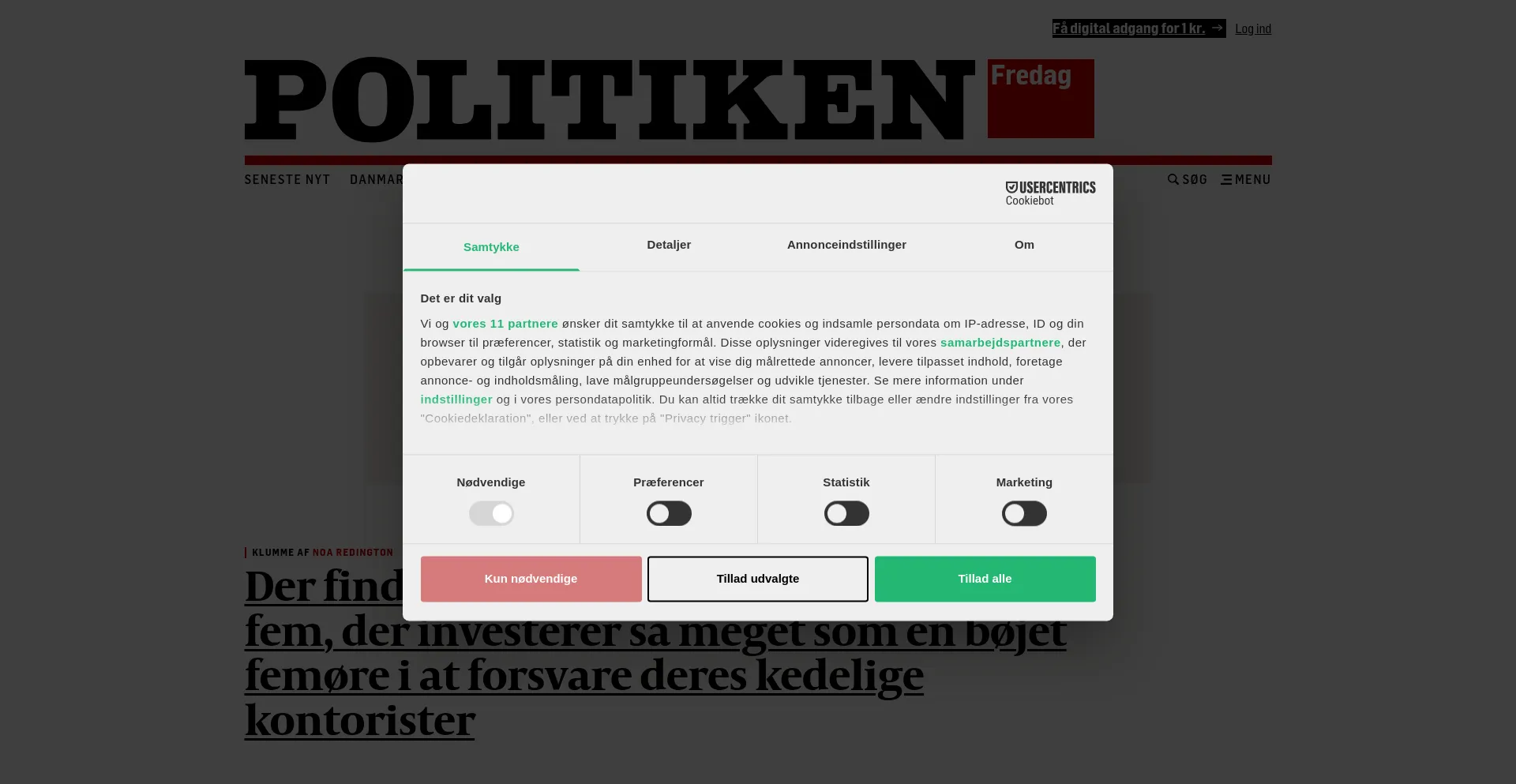 Website screenshot of Politiken.dk