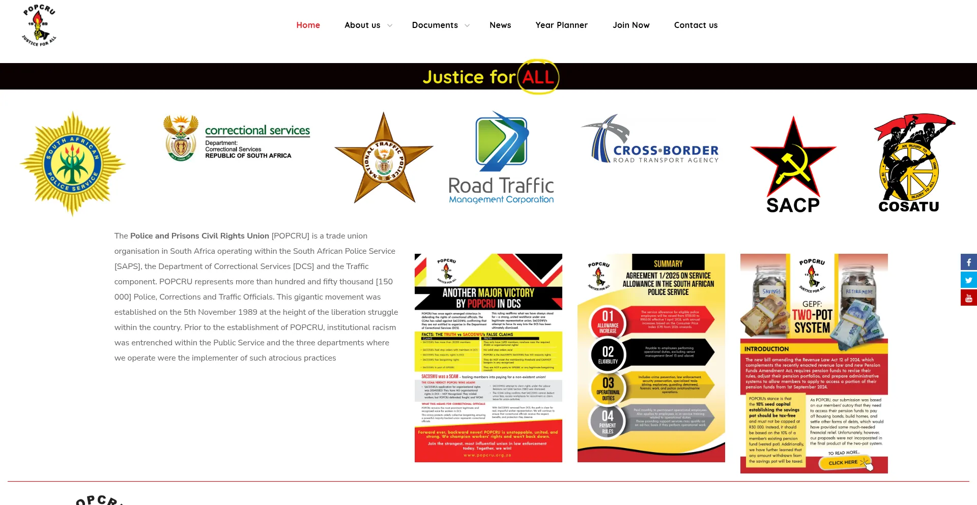 Website screenshot of Popcru.org.za