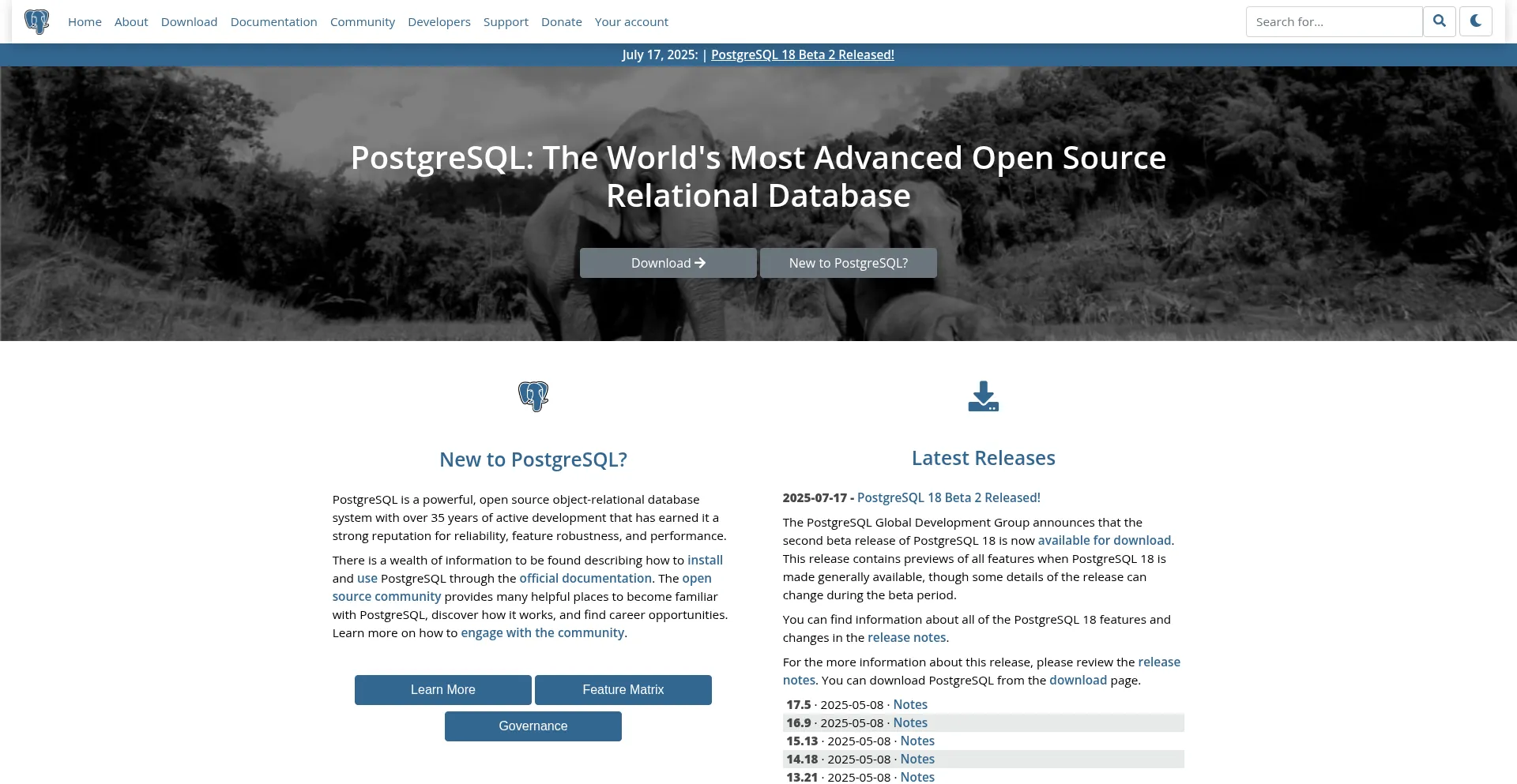 Website screenshot of Postgresql.org