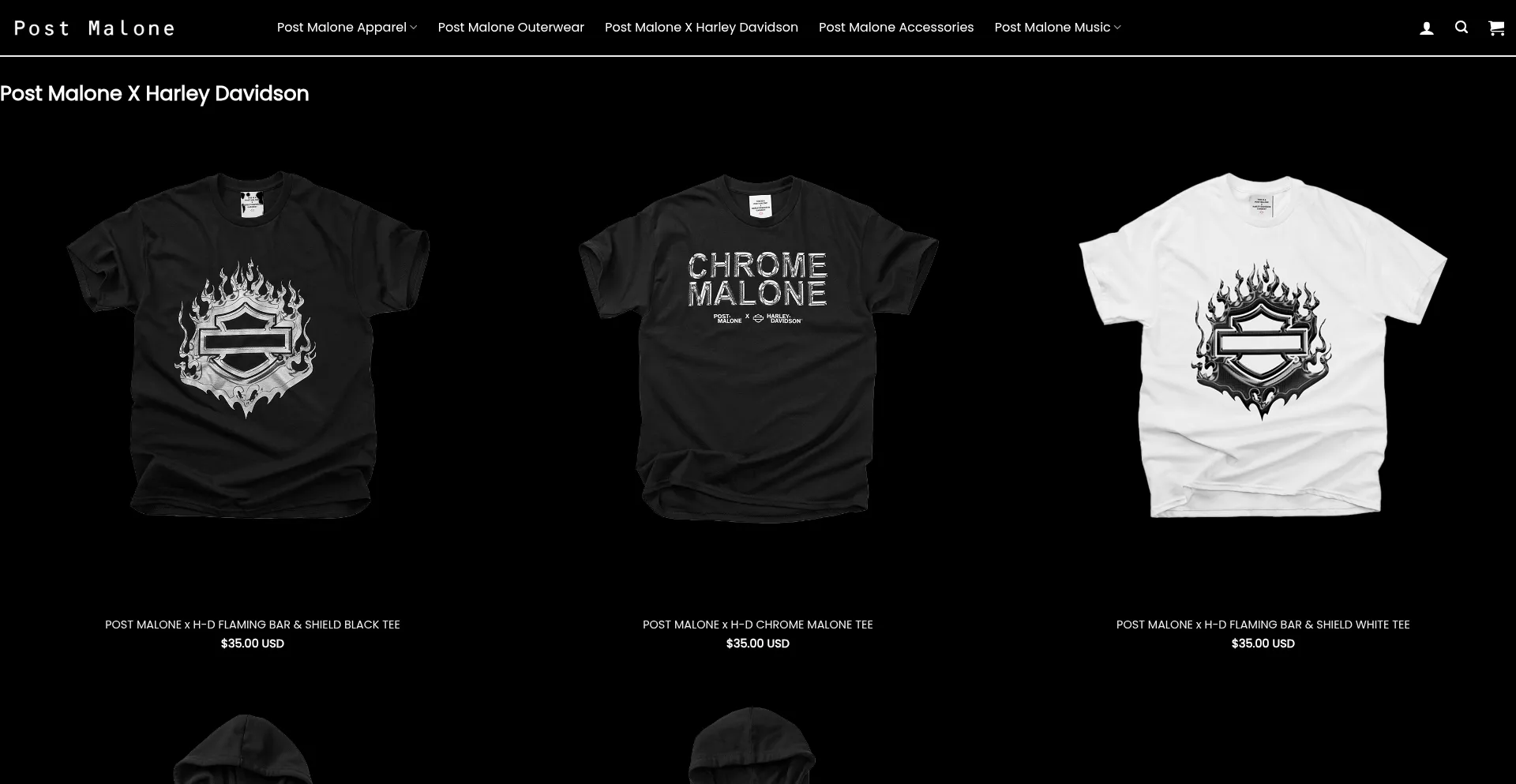 Website screenshot of Postmalonemerch.com